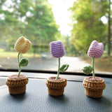 3pcs/2Pcs Mini Tulip Car Accessories, Crochet Pink/Purple/Yellow Tulip Car Dashboard Decor, Boho Mini Potted Plant Car Interior Accessory