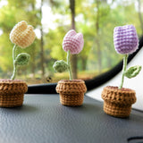 3pcs/2Pcs Mini Tulip Car Accessories, Crochet Pink/Purple/Yellow Tulip Car Dashboard Decor, Boho Mini Potted Plant Car Interior Accessory