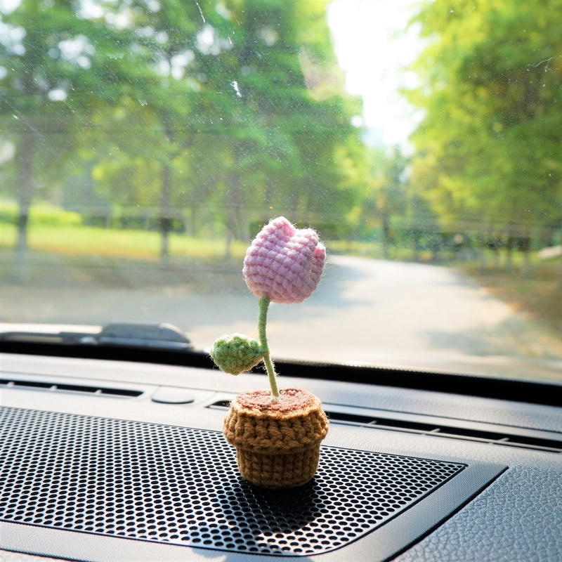 3pcs/2Pcs Mini Tulip Car Accessories, Crochet Pink/Purple/Yellow Tulip Car Dashboard Decor, Boho Mini Potted Plant Car Interior Accessory