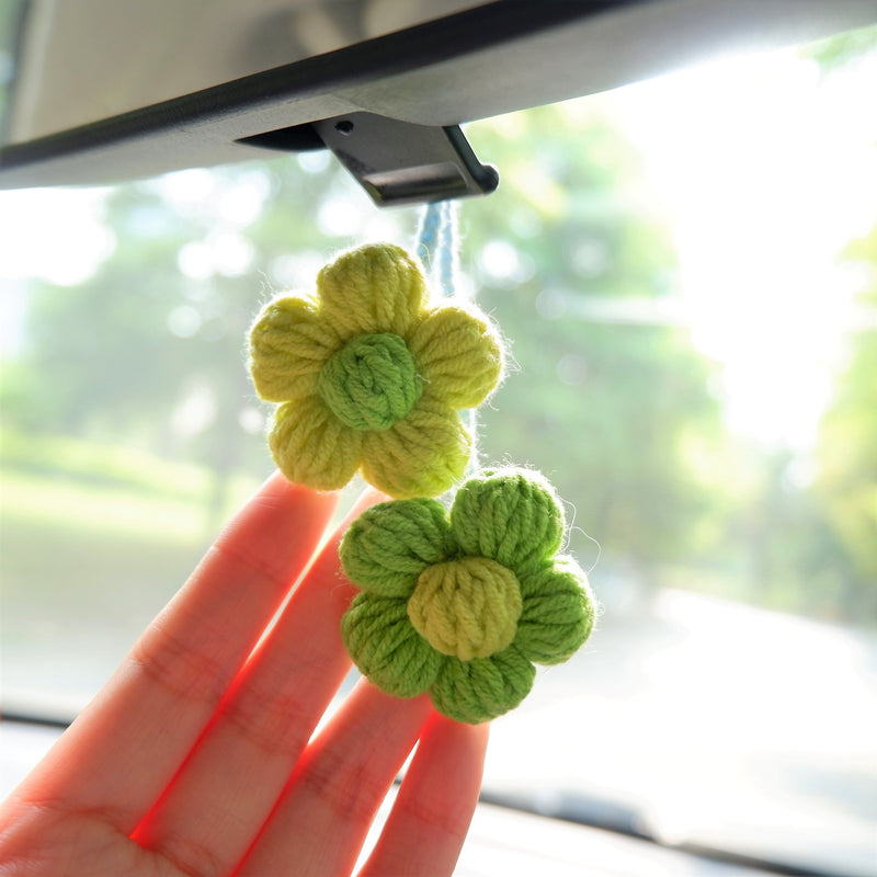 2Pcs Crochet Fluffy Flower Car Hanging Accessories, Cute Pastel Daisy Car Mirror Hanging Accessory for Women, Car Interior Decor Boho