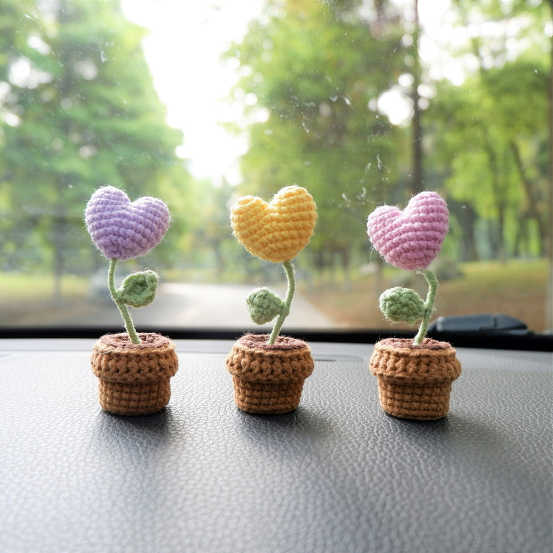 3pcs/2Pcs Mini Hearts Flower Car Accessories, Crochet Pastel Hearts Car Dashboard Decor, Boho Mini Potted Plant Car Interior Accessory