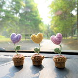 3pcs/2Pcs Mini Hearts Flower Car Accessories, Crochet Pastel Hearts Car Dashboard Decor, Boho Mini Potted Plant Car Interior Accessory