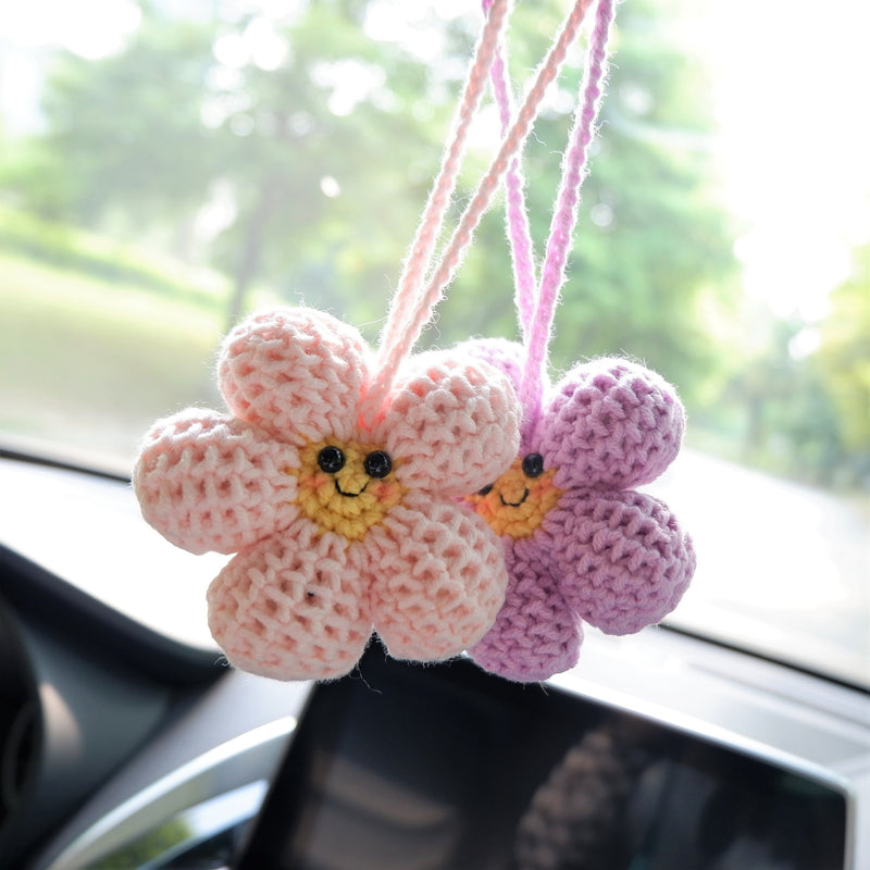 Kawaii Smiley Waffle Flower Car Mirror Hanging Accessories, Crochet Flower Car Rear View Mirror Accessories, Car Mirror Charm Hanging Decor