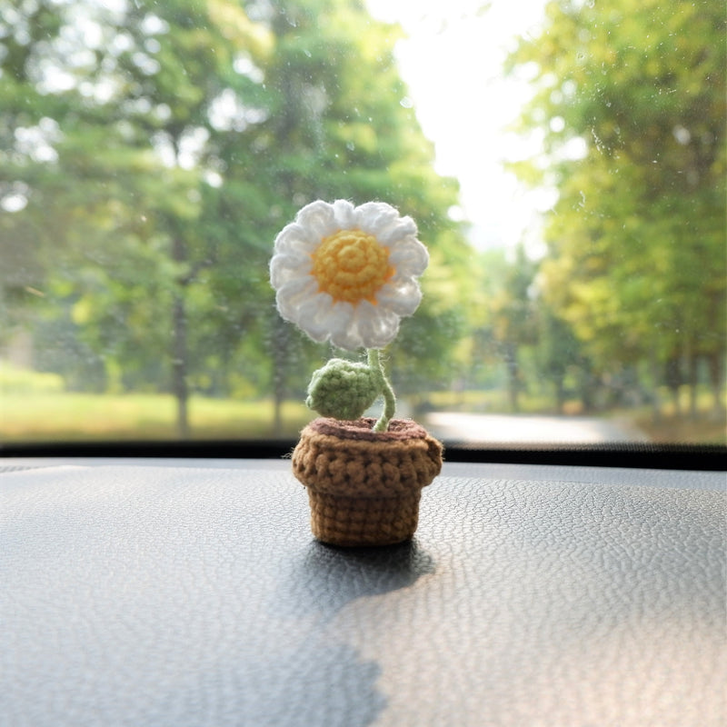 3pcs/2Pcs Mini Sunflower/Daisy Flower Car Accessories, Cute Crochet Mini Potted Plant Car Dashboard Decor, Boho Car Interior Accessory