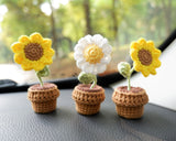 3pcs/2Pcs Mini Sunflower/Daisy Flower Car Accessories, Cute Crochet Mini Potted Plant Car Dashboard Decor, Boho Car Interior Accessory