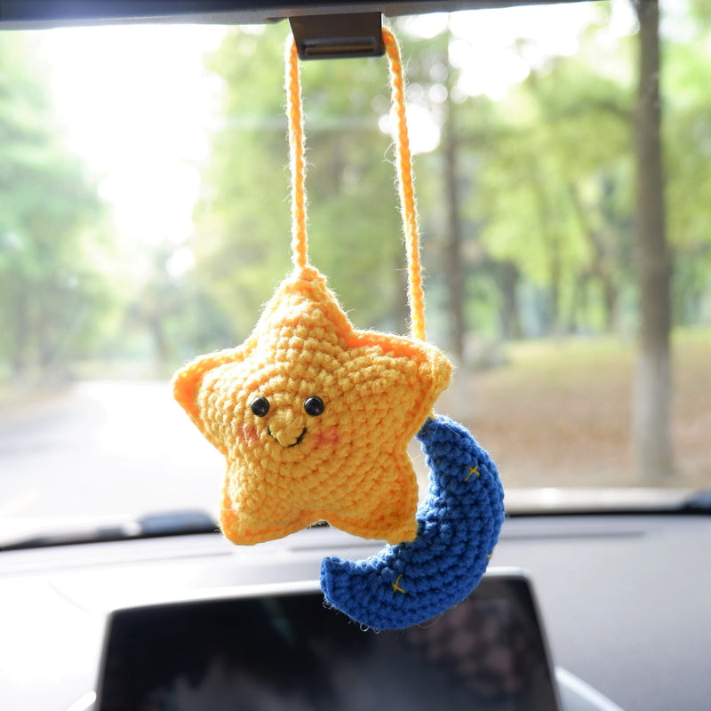 Crochet Smiley Star & Moon Car Mirror Hanging Accessories, Car Rear View Mirror Accessories, Cute Car Accessories Interior, Car Mirror Charm