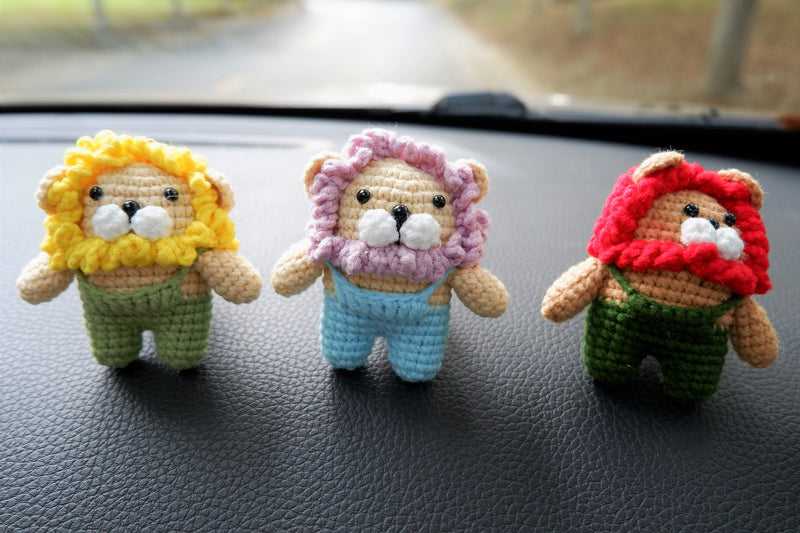 Crochet Overalls Lion Car Vent Clips Air Freshener, Kawaii Lion Air Vent Clip, Cute Interior Car Accessory for Men/Teens, Car Mask Hanger