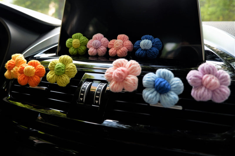 Crochet Fluffy Flower Car Vent Clips Air Freshener, Cute Rainbow Flower Air Vent Clip, Kawaii Interior Car Accessory for Women, Gift for Her