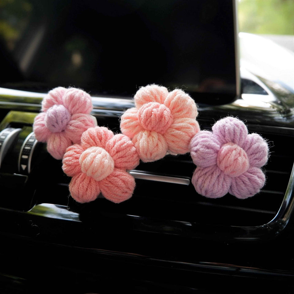 Crochet fluffy flower car vent clip air freshener set with colorful daisy design